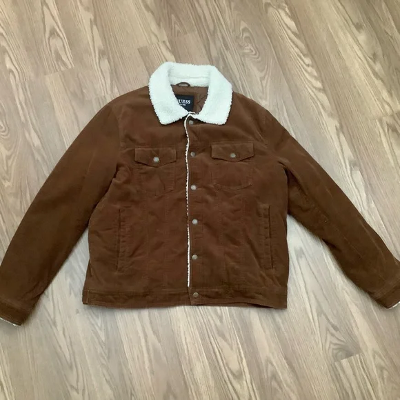 GUESS  Sherpa Trimmed Corduroy Trucker Jacket  Brown Women Size XL - Picture 2 of 12